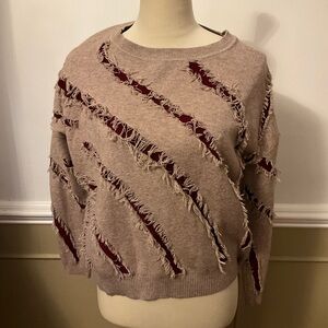 Trendy Distressed Tan and Red Sweater